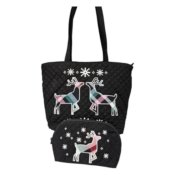 Vera Bradley Handbags - Vera Bradley Black Quilted Tote with Colorful Reindeer and Matching Makeup Bag